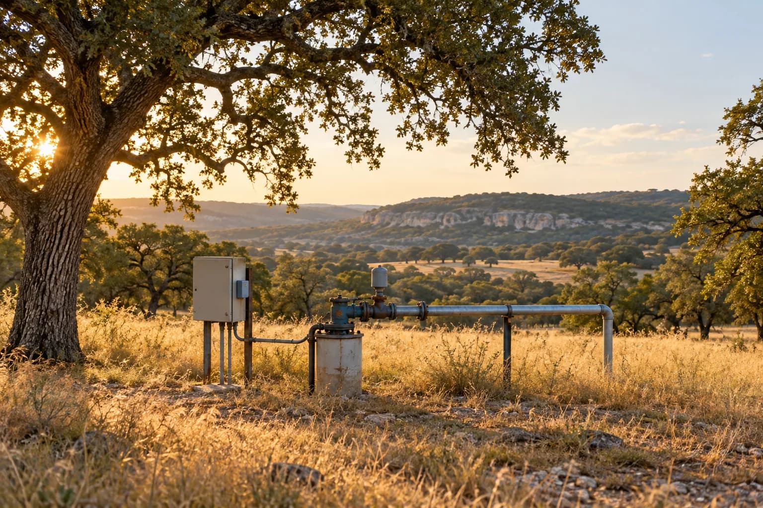 Illustrative Texas groundwater well and piping in a ranch landscape
